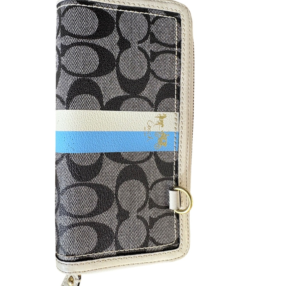 Coach Signature C‎ Monogram Wallet Organizer Wristlet Beige Blue Stripe